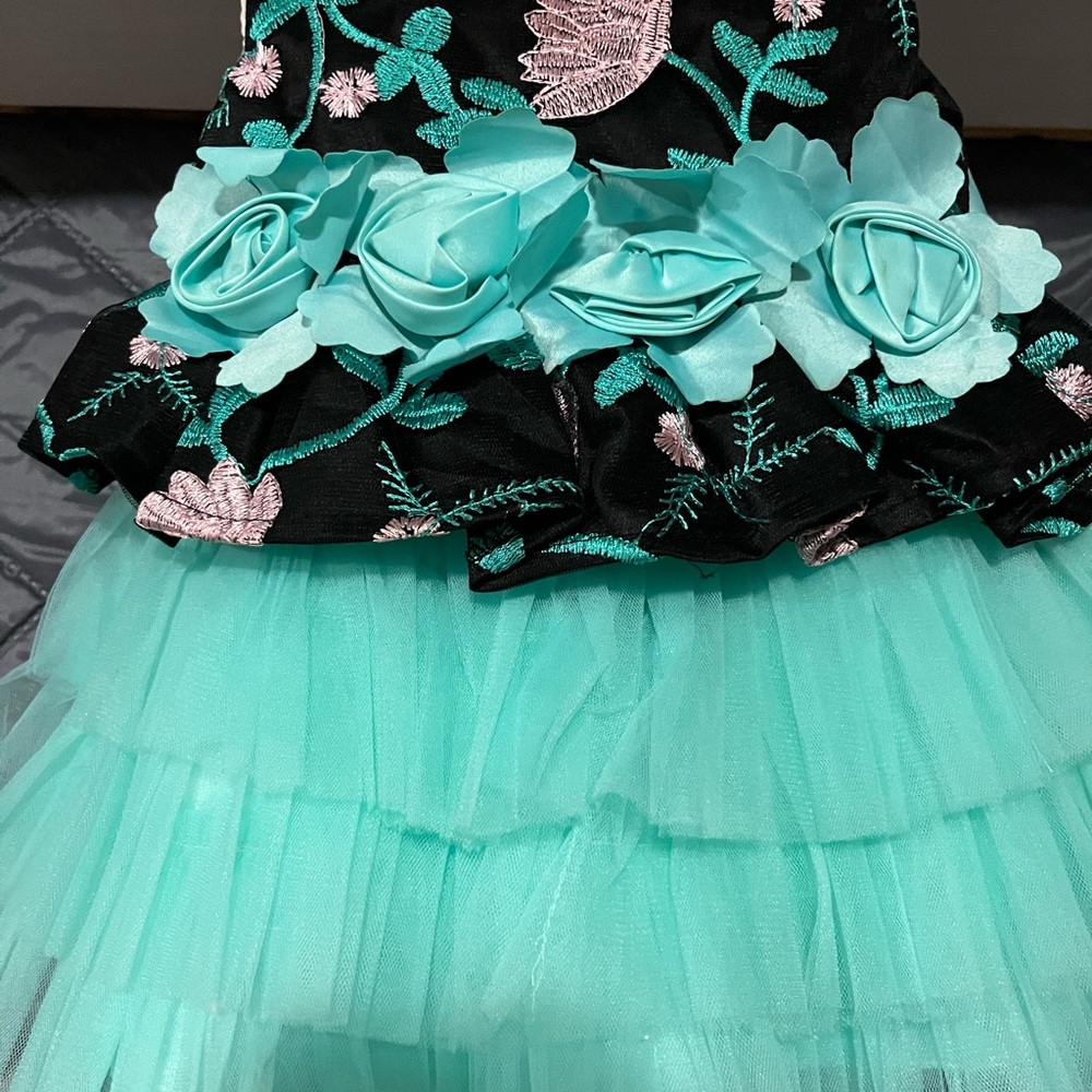 Floral Embroidered Kids Dress in Black and Aqua